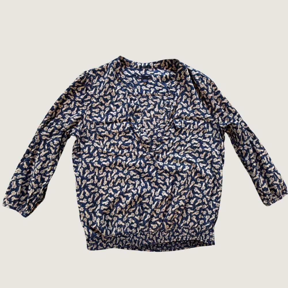 Gap Navy Blue Cream Cat Print Smocked Hem Blouse Womens Medium Cotton Top